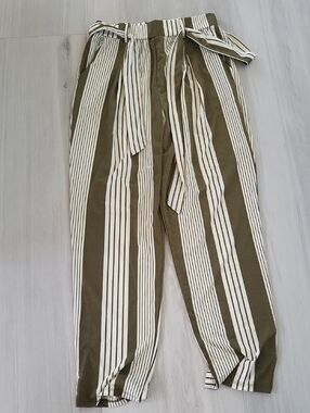 MINE Olive & Cream Striped Paperbag-Waist Pants